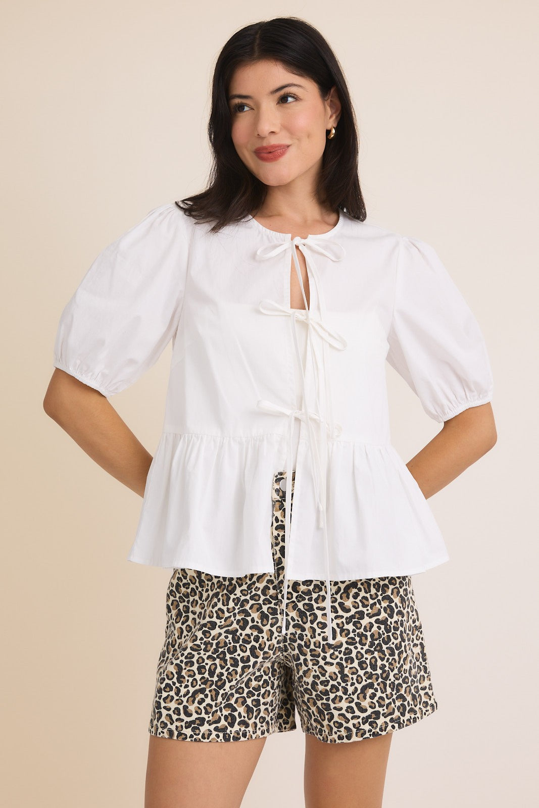 Em Front Tie Puff Sleeve Blouse